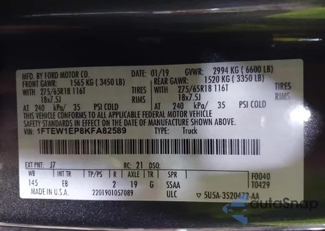 2019 Ford F-150 Lariat from USA, damaged, VIN 1FTEW1EP8KFA82589